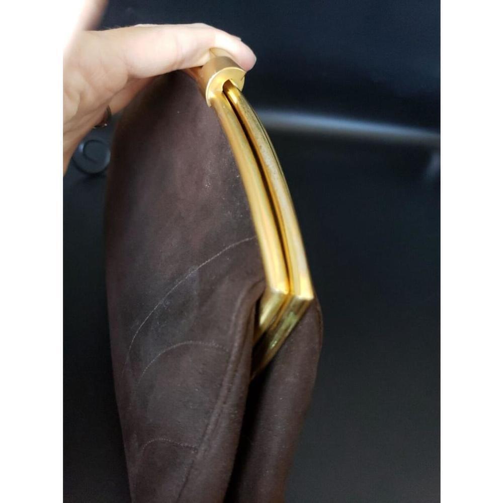 Vintage Dark Brown Velvet Gold Trim Block Wristlet strap Bag Purse w/ mirror! - Picture 11 of 14